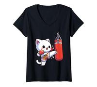 Femme Muay Thai Cat | Boxe thaïlandaise pour Enfants, Muay Thai et Kickboxing T-Shirt avec Col en V