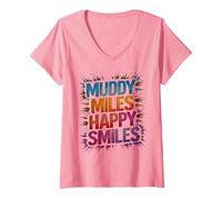 Femme Muddy Miles Happy Smiles Mud Run Trail Mudding Queen T-Shirt avec Col en V