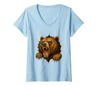 Femme Mug Mural Motif Grizzly Ours craquelé Animal Nature Camping T-Shirt avec Col en V