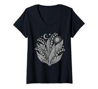 Femme Muguet Fleur Sauvage Céleste Sorcière Lune Soleil T-Shirt avec Col en V