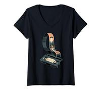 Femme Multiple Exposure Lecteur de Cassette Musique Magnétophone T-Shirt avec Col en V