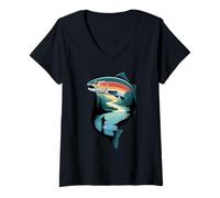 Femme Multiple Exposure Truite Poisson Pêcheur Pêche T-Shirt avec Col en V