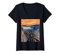 Femme Munch Edvard The Scream Black Cat Peinture Humoristique T-Shirt avec Col en V