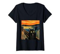Femme Munch Edvard The Scream Black Cat Peinture humoristique T-Shirt avec Col en V