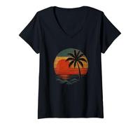 Femme Mûre Pour l'île Vacances Caraïbes Mer du Sud Palmiers Plage T-Shirt avec Col en V