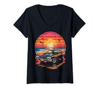 Femme Muscle Car rétro Sunset Beach Drive T-Shirt avec Col en V
