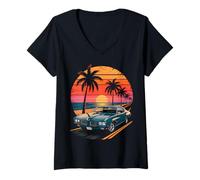 Femme Muscle Car rétro Sunset Drive T-Shirt avec Col en V