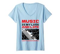 Femme Music is My Love and Life (Graphique du Clavier) T-Shirt avec Col en V