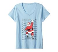Femme Musicien Christmas Funny Santa Claus Climbing Partition T-Shirt avec Col en V