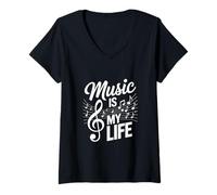 Femme Musik ist Mein Leben Statement Musicien avec Inscription en Allemand « Musik ist Mein Leben » T-Shirt avec Col en V