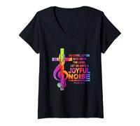 Femme Musique chrétienne Croix Clé de Sol Joyeux Bruit Psaumes 95 1 T-Shirt avec Col en V