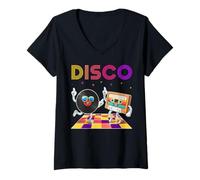 Femme Musique disco Disque vinyle Cassette audio Fête danse rétro T-Shirt avec Col en V