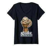 Femme Musique - Paresseux sur Un Tambour djembé et Un Message 1 - Fan Fun T-Shirt avec Col en V