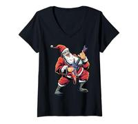 Femme Musique rétro Amusante Père Noël Joueur de Guitare Rocks Fête de Noël T-Shirt avec Col en V