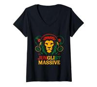 Femme Musique Vinyle Junglist Massive Lion Rasta Colors DJ T-Shirt avec Col en V