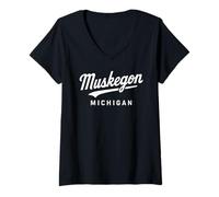 Femme Muskegon, Michigan 231, Lakeshore, Grand Haven, Norton Shores T-Shirt avec Col en V