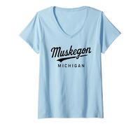 Femme Muskegon, Michigan 231, Lakeshore, Grand Haven, Norton Shores T-Shirt avec Col en V
