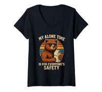 Femme My Alone Time is for Everyones Safety Funny Bear Retro T-Shirt avec Col en V