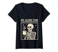 Femme My Alone Time is for Everyones Safety Skeleton Coffee T-Shirt avec Col en V