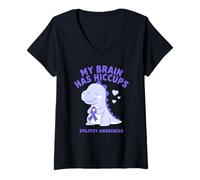 Femme My Brain Has Hiccup Ruban de Sensibilisation à l'épilepsie Violet T-Shirt avec Col en V