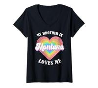 Femme My Brother in Montana Loves Me Heart USA State T-Shirt avec Col en V