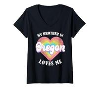 Femme My Brother in Oregon Loves Me Heart USA State T-Shirt avec Col en V