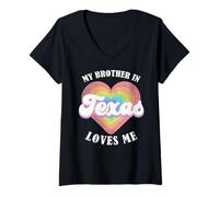 Femme My Brother in Texas Loves Me Heart USA State T-Shirt avec Col en V