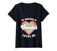 Femme My Brother in Vermont Loves Me Heart États-Unis State T-Shirt avec Col en V