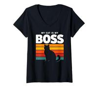 Femme My Cat is The Boss Chaton Amusant rétro Vintage Mignon T-Shirt avec Col en V