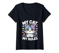 Femme My Cat My Rules T-Shirt avec Col en V