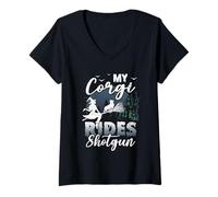 Femme My Corgi Rides Shotgun Cool Halloween Protector pour chien sorcier T-Shirt avec Col en V