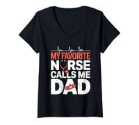 Femme My Favorite Nurse Calls Me Dad Fathers Day American Flag T-Shirt avec Col en V