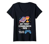 Femme My First Communion 2026 New Level Achieved Communiant Gaming T-Shirt avec Col en V