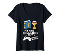 Femme My First Communion 2026 New Level Achieved Communion T-Shirt avec Col en V
