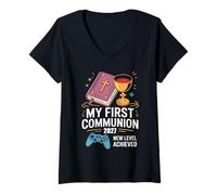 Femme My First Communion 2027 New Level Achieved Cadeau Chrétienne T-Shirt avec Col en V