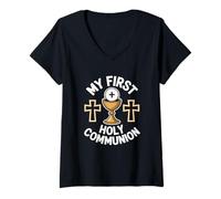 Femme My First Holy Communion Croix Fleurs Chrétien Église T-Shirt avec Col en V