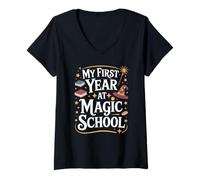Femme My First Year at Magic School 1st Grade Wizard Boys Girls T-Shirt avec Col en V
