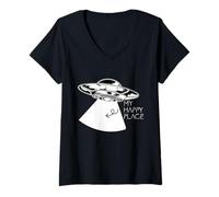 Femme My Happy Place Alien Enlèvement d'ovnis par Un Vaisseau Spatial T-Shirt avec Col en V