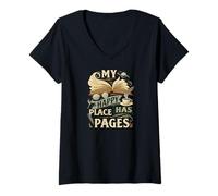 Femme My Happy Place Has Pages Book Lover Reading Bibliophile T-Shirt avec Col en V