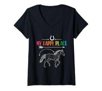 Femme My Happy Place Horse Lover Design rétro T-Shirt avec Col en V