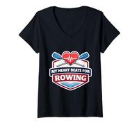 Femme My Heart Beats for Rowing Crew Team Heartbeat Pulse Oars T-Shirt avec Col en V