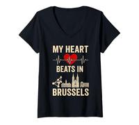 Femme My Heart Beats in Bruxelles Belgique Capitale T-Shirt avec Col en V