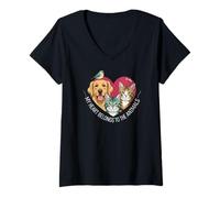 Femme My Heart Belongs to The Animals Dog Cat Bird Pet Lover T-Shirt avec Col en V