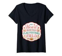 Femme My Heart is on That Drapeau Terrain de Football Mère Maman Maman T-Shirt avec Col en V