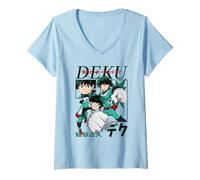 Femme My Hero Academia Deku Action Poses Collage with Kanji Anime T-Shirt avec Col en V
