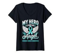 Femme My Hero is My Angel Ruban de Sensibilisation au Cancer de l'ovaire Bleu Sarcelle T-Shirt avec Col en V