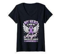 Femme My Hero is Now My Angel Sensibilisation au Cancer du pancréas T-Shirt avec Col en V