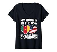 Femme My Home USA My Heart Cameroun Cameroon American Pride T-Shirt avec Col en V