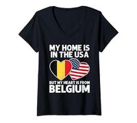 Femme My Home USA My Heart Drapeau Belge américain Pride T-Shirt avec Col en V