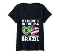 Femme My Home USA My Heart Drapeau Brésil American Pride T-Shirt avec Col en V